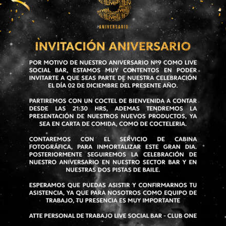 INVITADO ESPECIAL / ANIVERSARIO LIVE BAR 9 AÑOS / COCTEL DE BIENVENIDA 