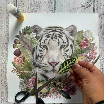 Collage selvático de leopardo junto a Conka Collage y Rita Lira 